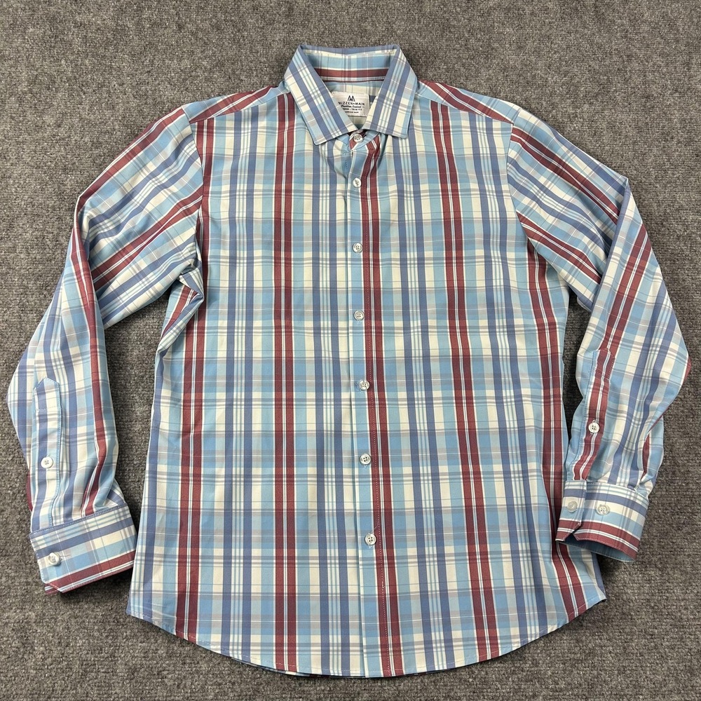 Mizzen+Main Dress Shirt Mens Medium Blue Plaid‎ Trim Fit Non Iron Made USA